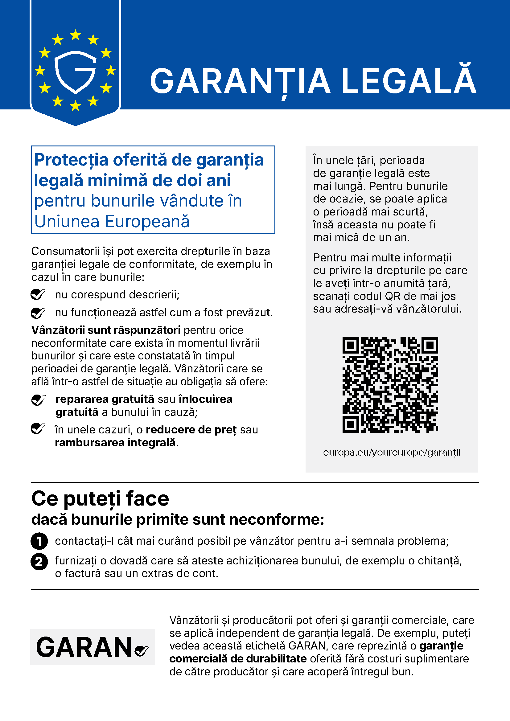 Notificarea armonizata a Uniunii Europene privind garantia legala de conformitate