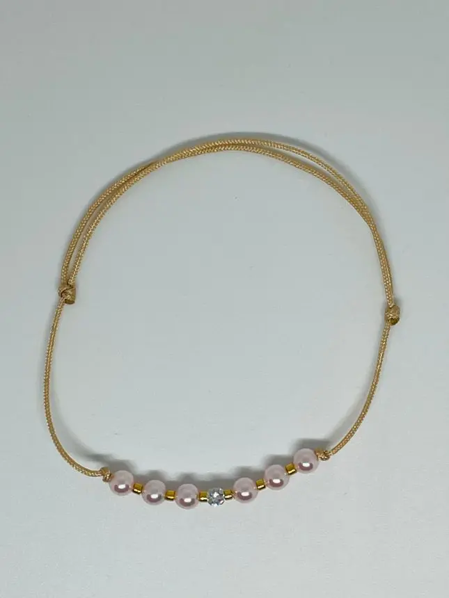 Bratara Cu Snur, Perle Roz Si Cristal Swarovsky,Margele Miyuki Placate Cu Aur De 24Kt
