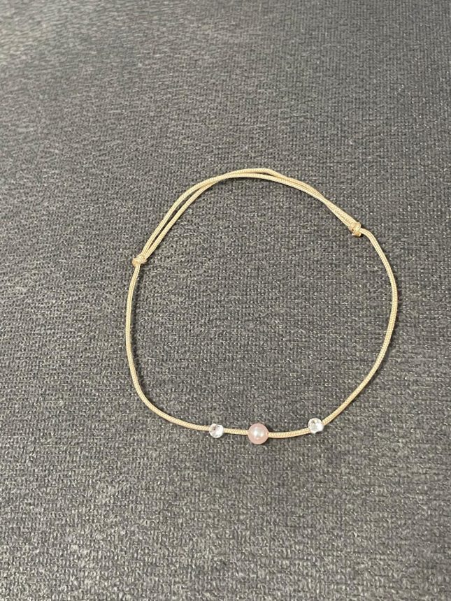 bratara cu perla roz si cristale swarovsky pe snur bej