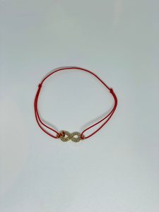 Brățară Handmade cu Simbol Infinit, Cristale și Buburuză Aurie pe Șnur Roșu Reglabil – Noroc Infinit