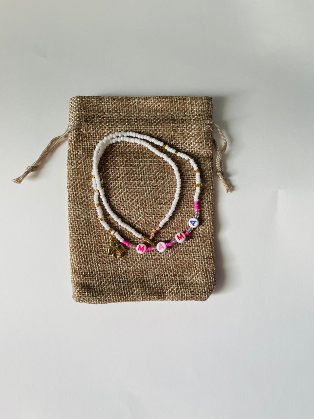 Colier Mărgele Miuky Albe, Aurii și Roz cu Inscripția "Mama"