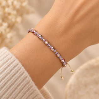 Brățară Handmade Cu Pietre Magic Crystal Pecan Plum, Miyuki Mov Și Aur 24K Pe Șnur Bej Reglabil