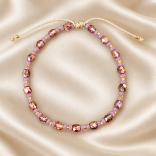 Brățară Handmade Cu Pietre Magic Crystal Pecan Plum, Miyuki Mov Și Aur 24K Pe Șnur Bej Reglabil