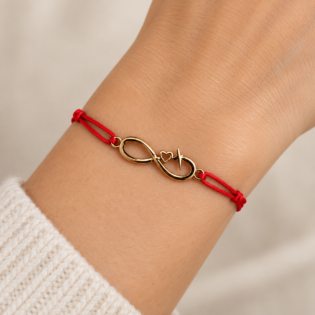 Brățară Handmade „Infinit Love&Quot; Cu Simbol Infinit Auriu Pe Șnur Din Mătase Roșie Reglabil – Iubire Eternă
