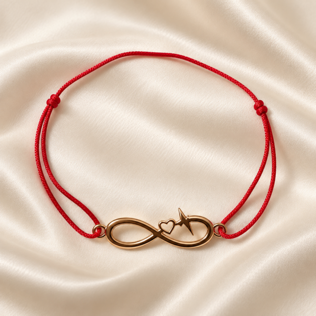 Brățară Handmade „Infinit Love" cu Simbol Infinit Auriu pe Șnur din Mătase Roșie Reglabil – Iubire Eternă