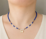 Colier Handmade cu Miyuki Albastre, Albe și Aurii și Pandantiv Fluture – Transformare și Libertate