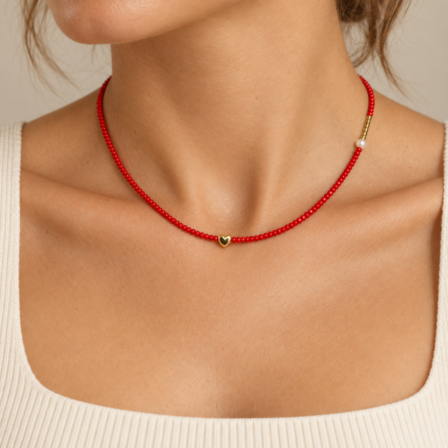 Colier Handmade cu Mărgele Miyuki Roșii și Aurii, Perlă Naturală și Pandantiv Placat Aur 24K