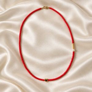 Colier Handmade cu Mărgele Miyuki Roșii și Aurii, Perlă Naturală și Pandantiv Placat Aur 24K